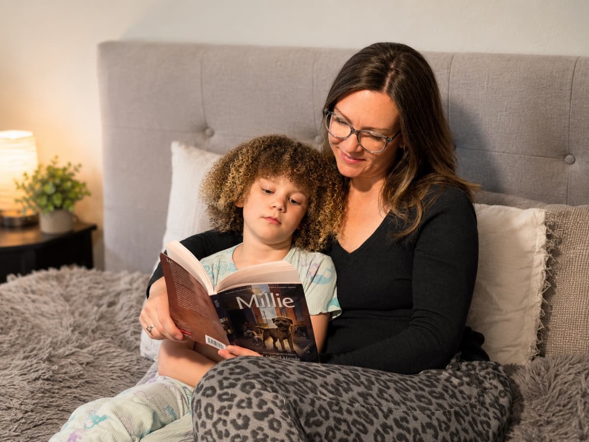Karen Winter reading a bedtime story to a young child