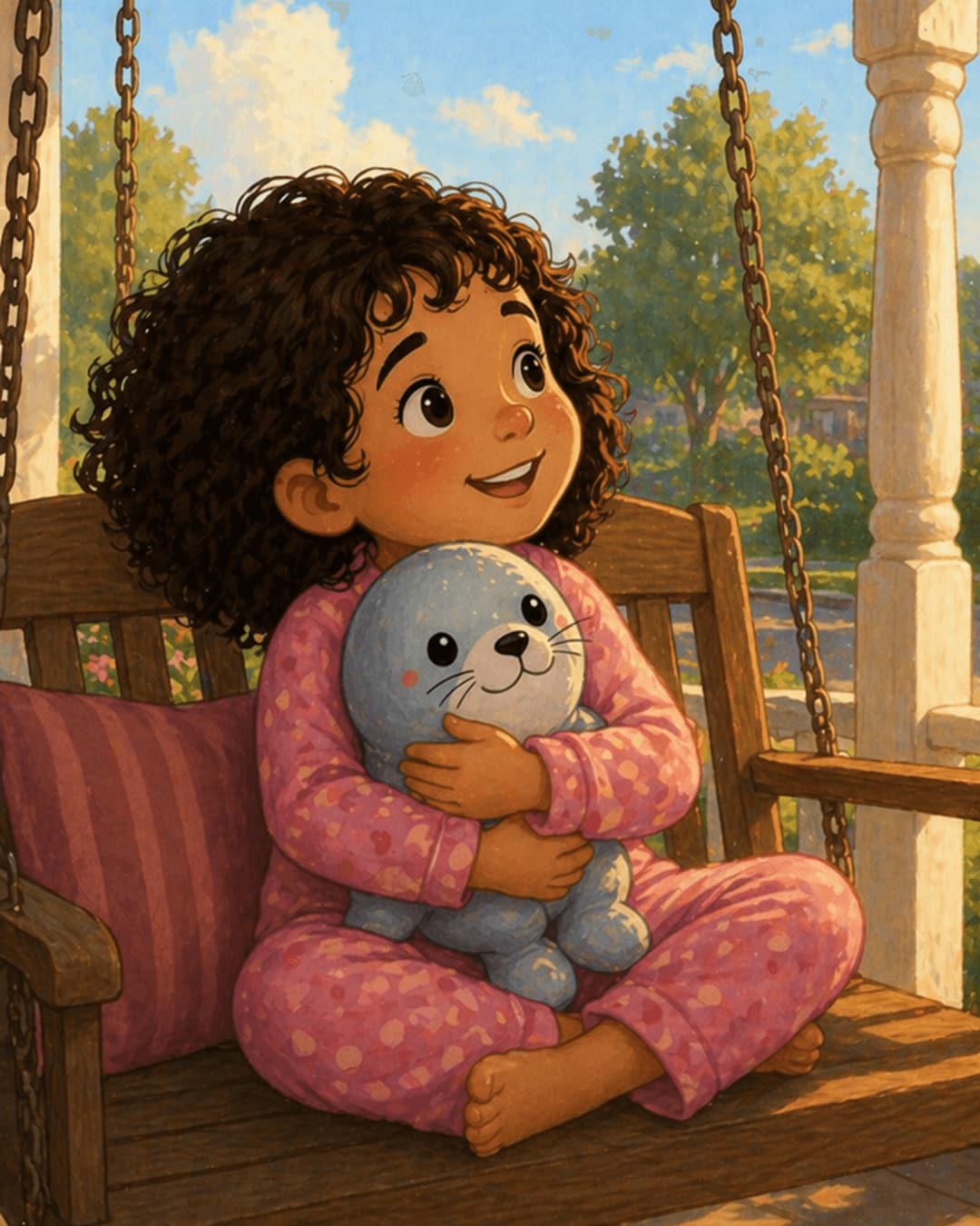 Ellie hugging her stuffed seal on a porch swing