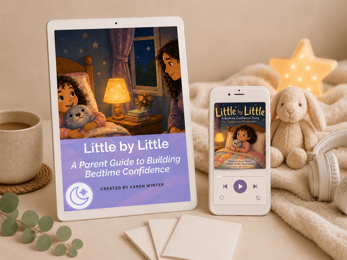 Little by Little audio story and parent guide on a tablet and phone